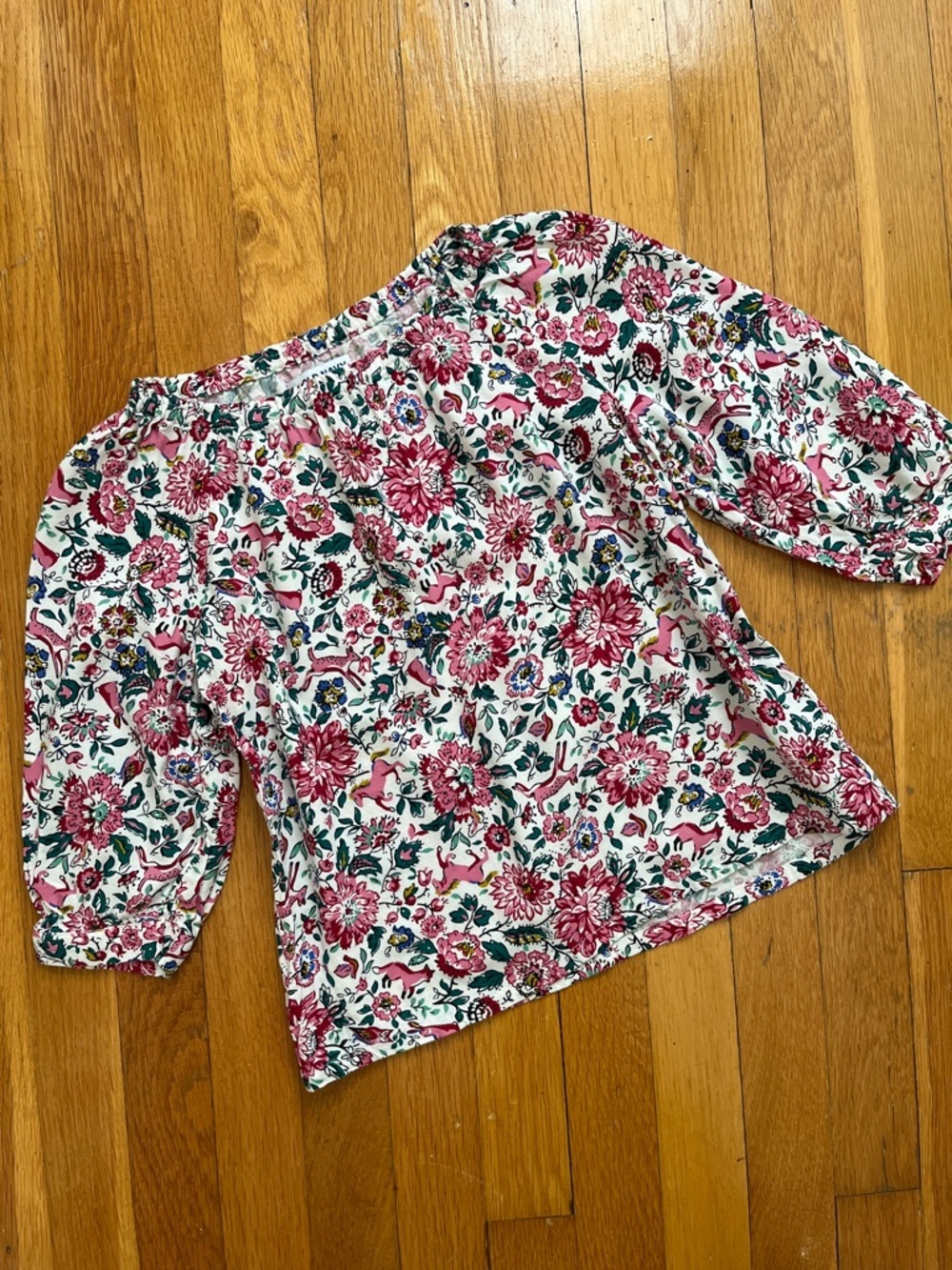 Girls Size 8 Whimsical Spring Horse Deer Rabbit Print Pink 3/4 Sleeve Top Blouse
